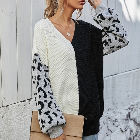 Melody Leopard Colorblock Sweater  - White/Black - Picture 4 of 5